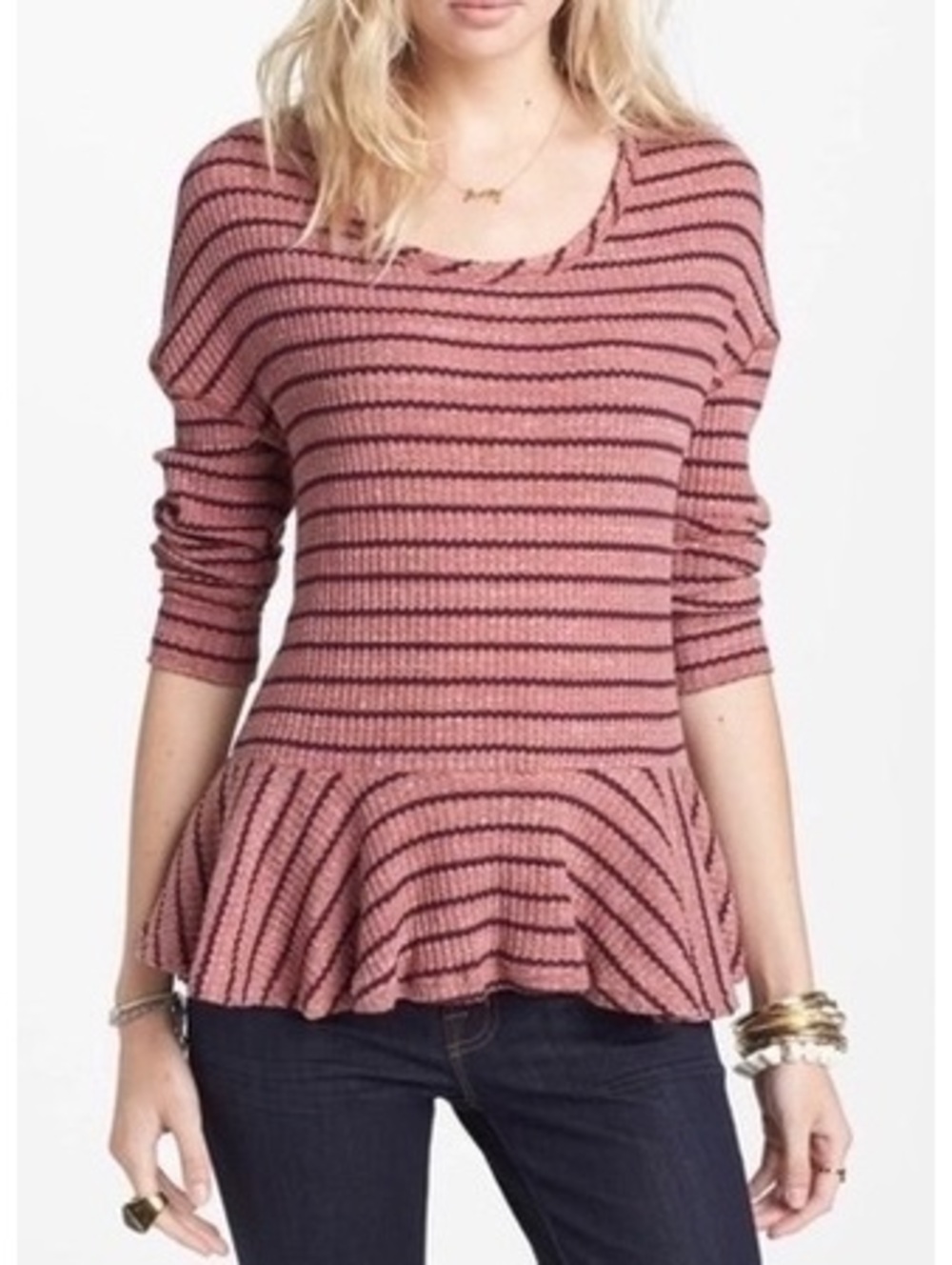 Free People We The Free Auntie Em Striped Waffle Knit Peplum Thermal Top S